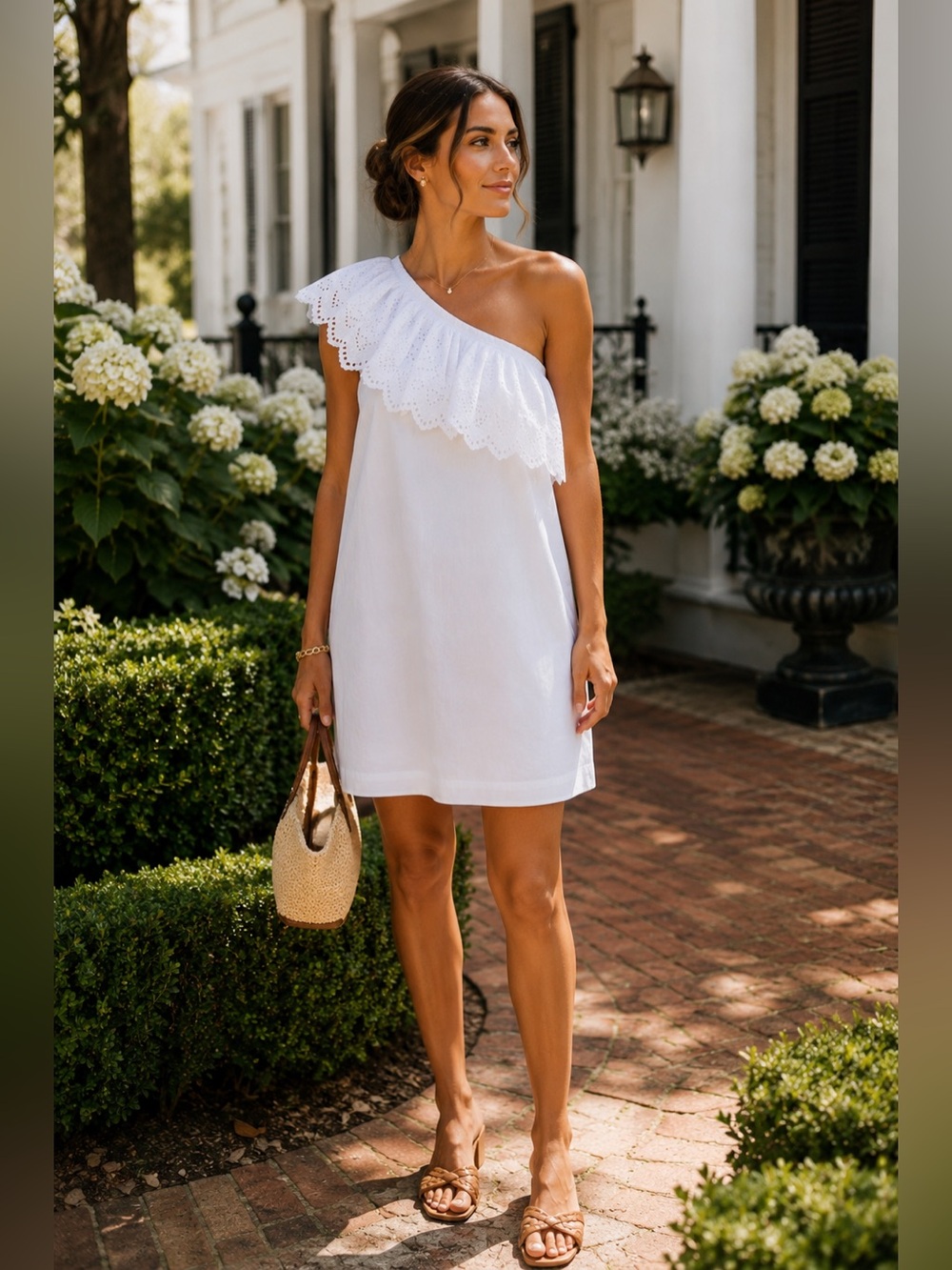 Mud Pie Laurel White Eyelet One Shoulder Cotton Dress XS Bridal Preppy
